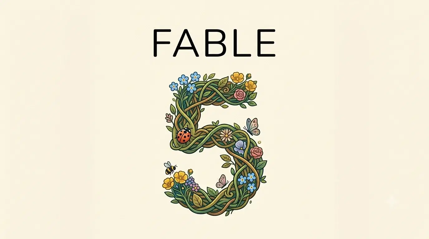 Çiçek ve yapraklarla bezenmiş '5' rakamı ve üstünde Fable 5 yazısı